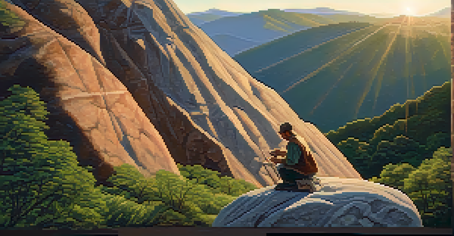 A sculptor carving a stone resembling a mountain, with a sunset and greenery in the background.