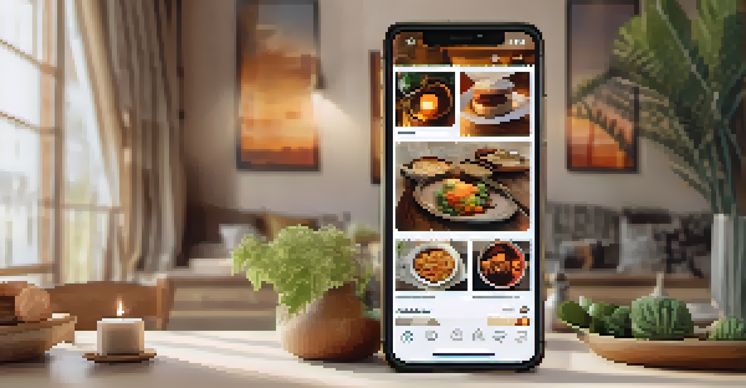 A smartphone displaying an Instagram feed with images of beautifully carved artworks, set in a cozy indoor environment with natural light.