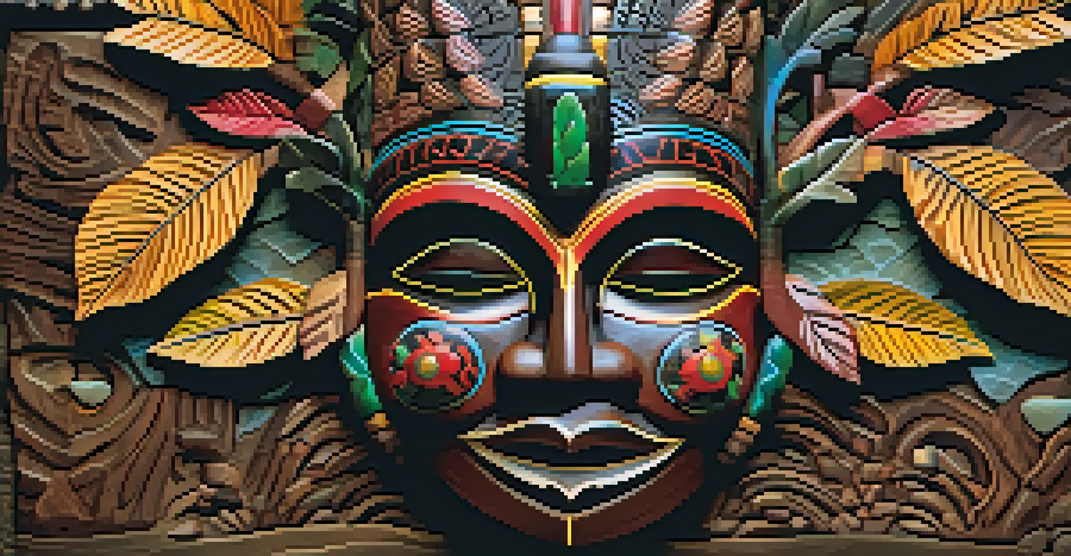 A close-up of a tribal mask with intricate carvings and vibrant colors, set against natural elements.