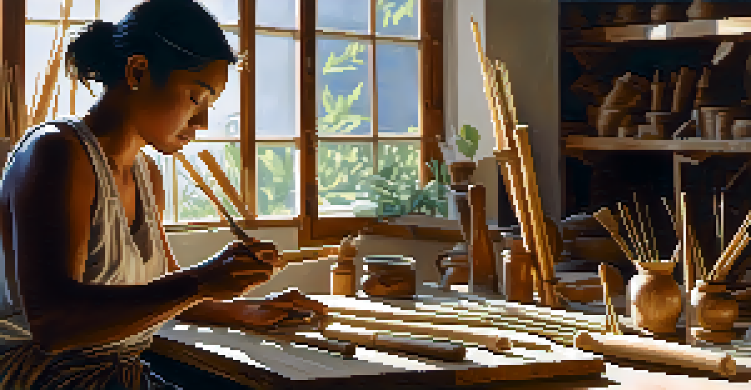 An artist carving bamboo in a bright workshop, surrounded by biodegradable carving supplies, with natural light highlighting the creative process.