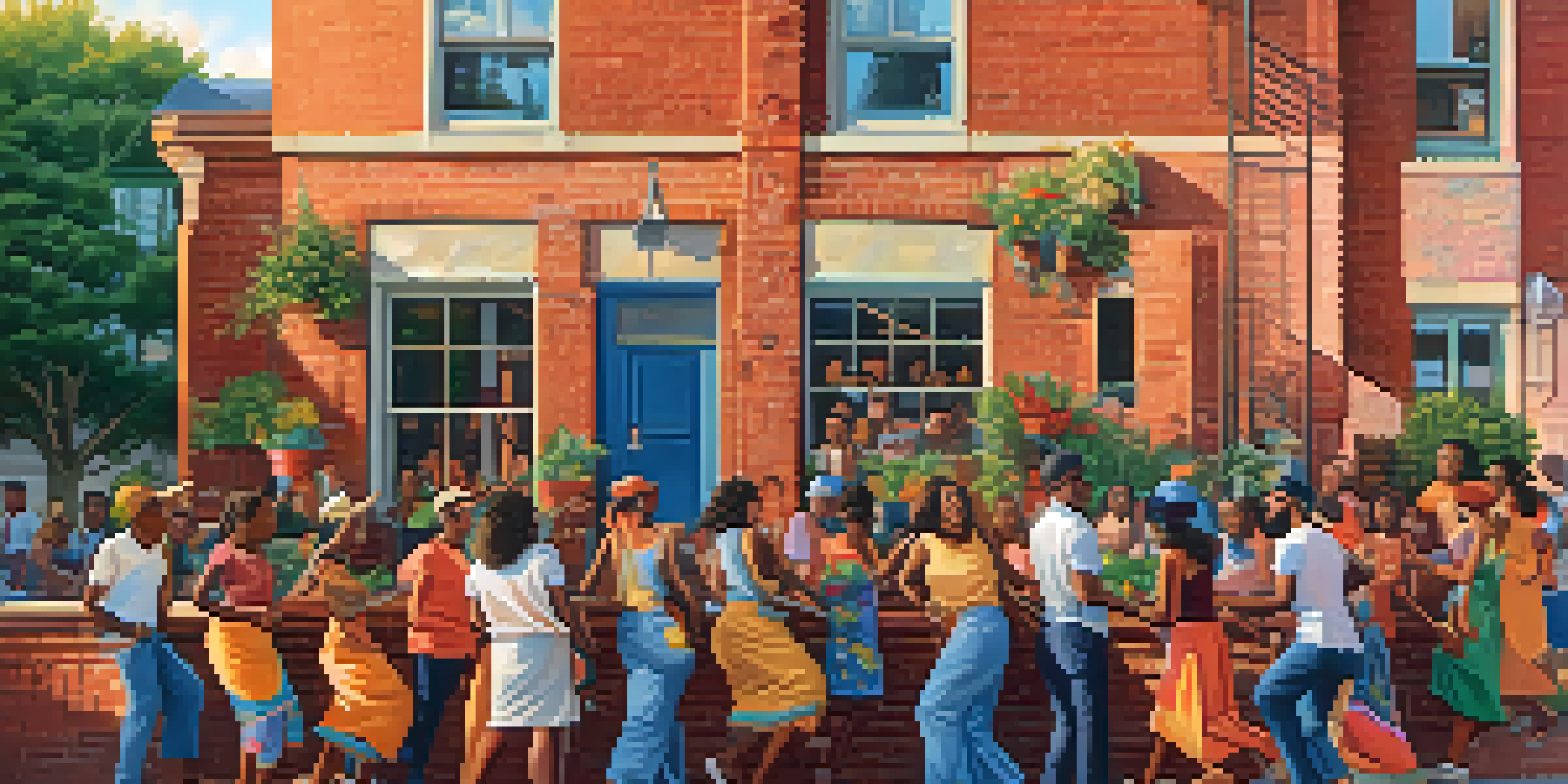 A colorful mural showcasing a diverse community engaging in activities, illuminated by warm sunlight.