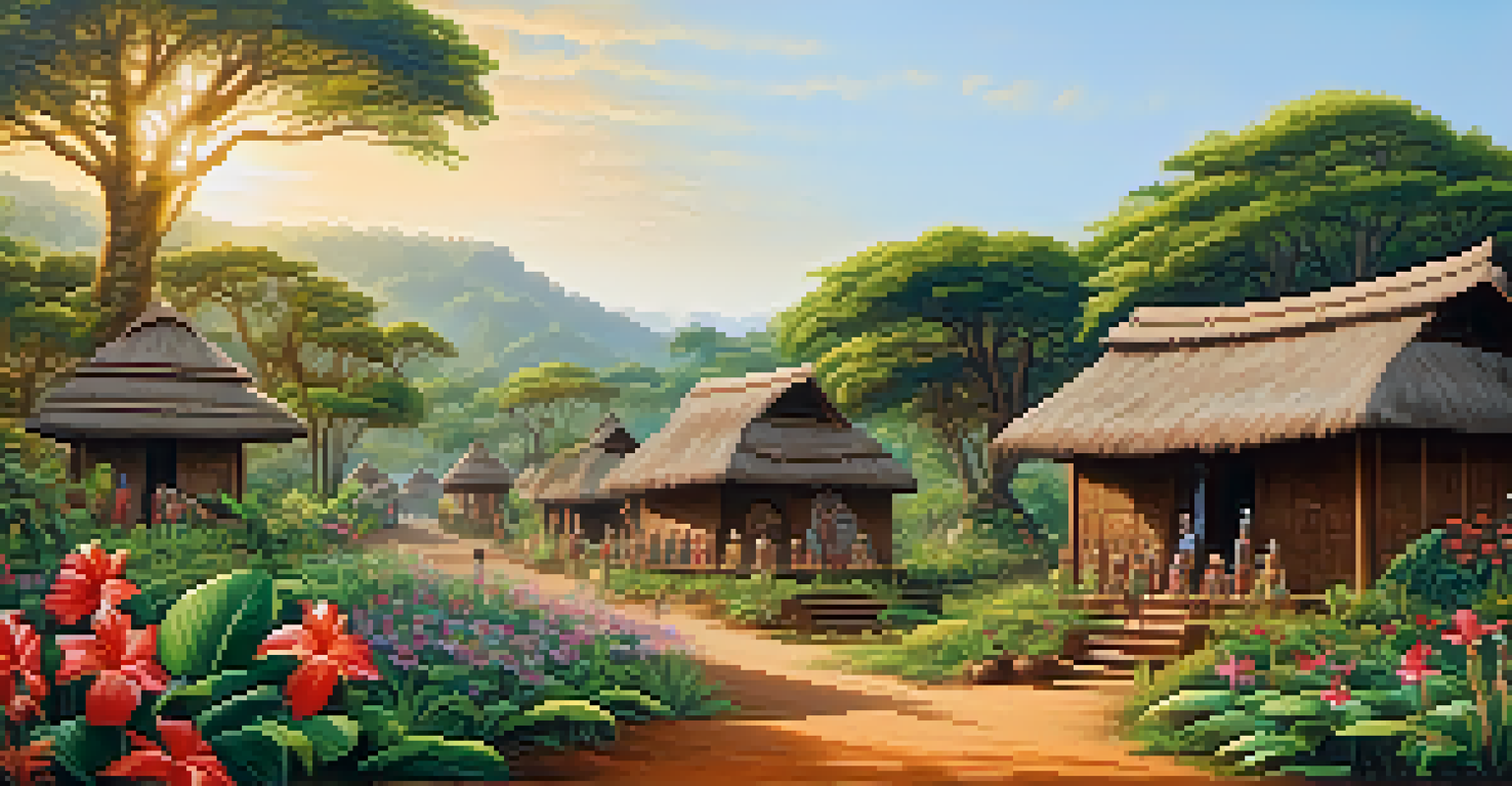 An African village scene with wooden carvings depicting ancestral spirits, surrounded by greenery and flowers.