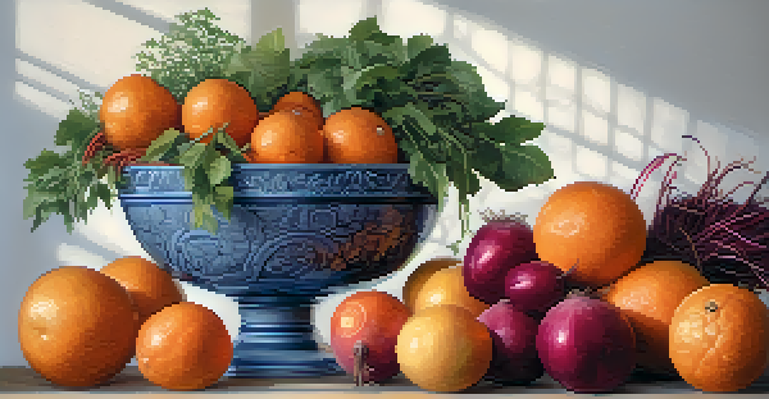 A decorative bowl filled with carved citrus fruits and root vegetables, illuminated by soft light for a refreshing winter display.