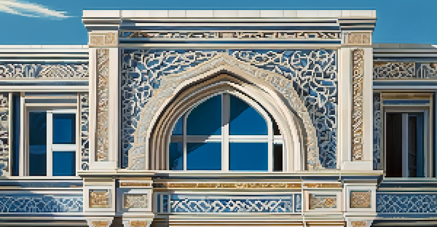 A modern building with traditional stone carvings against a clear blue sky, showcasing intricate details.