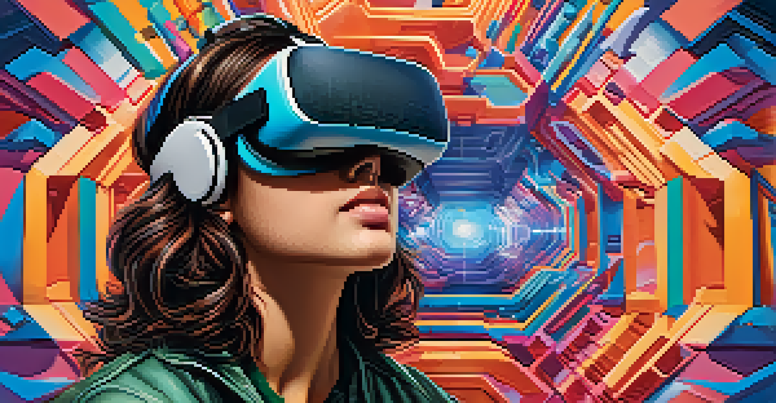 An artist with virtual reality goggles engaged in a digital carving process, surrounded by vibrant 3D designs and tools on a digital interface.