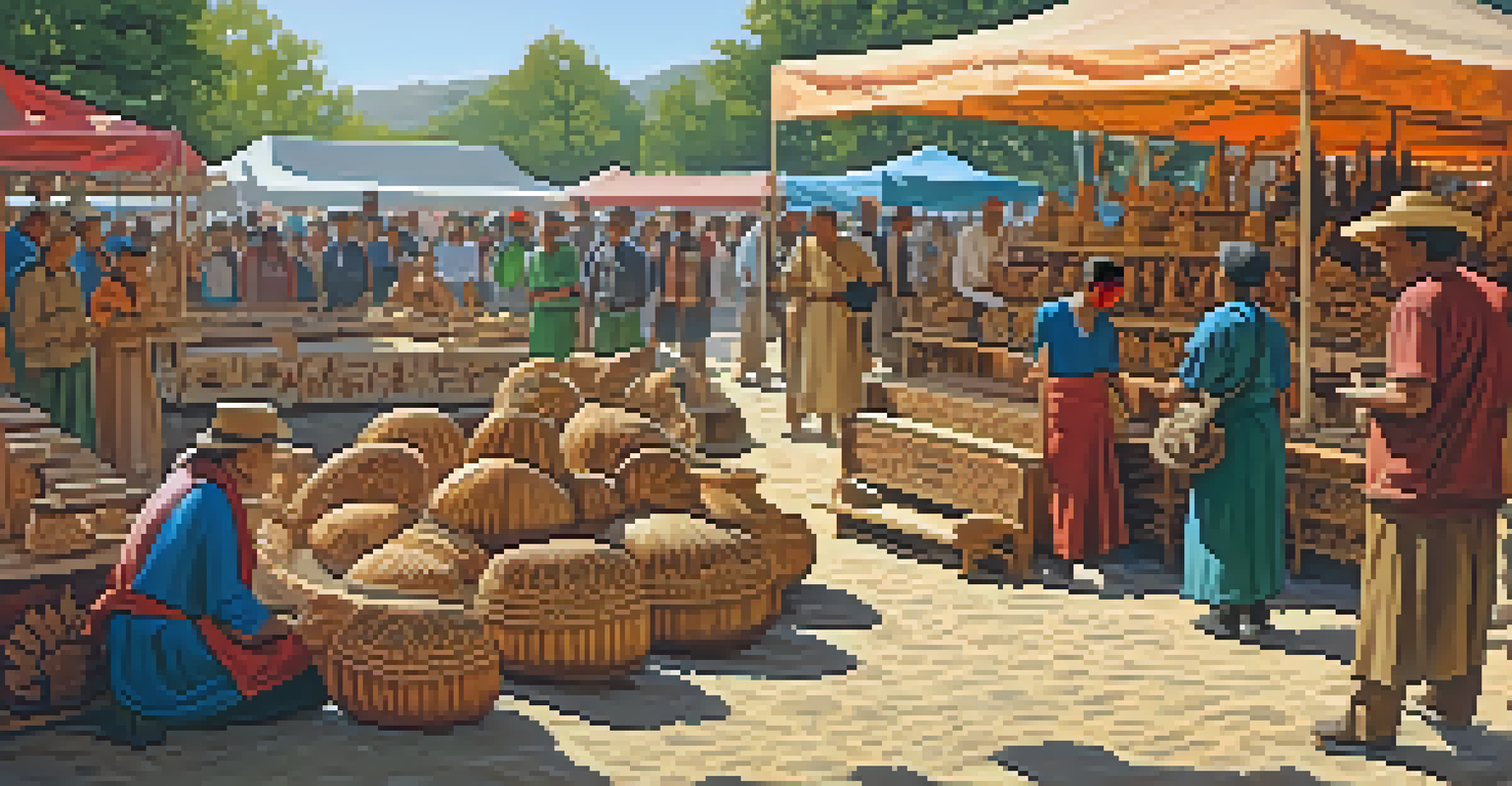 A lively outdoor carving festival with artisans demonstrating their techniques and displaying colorful carved artworks.