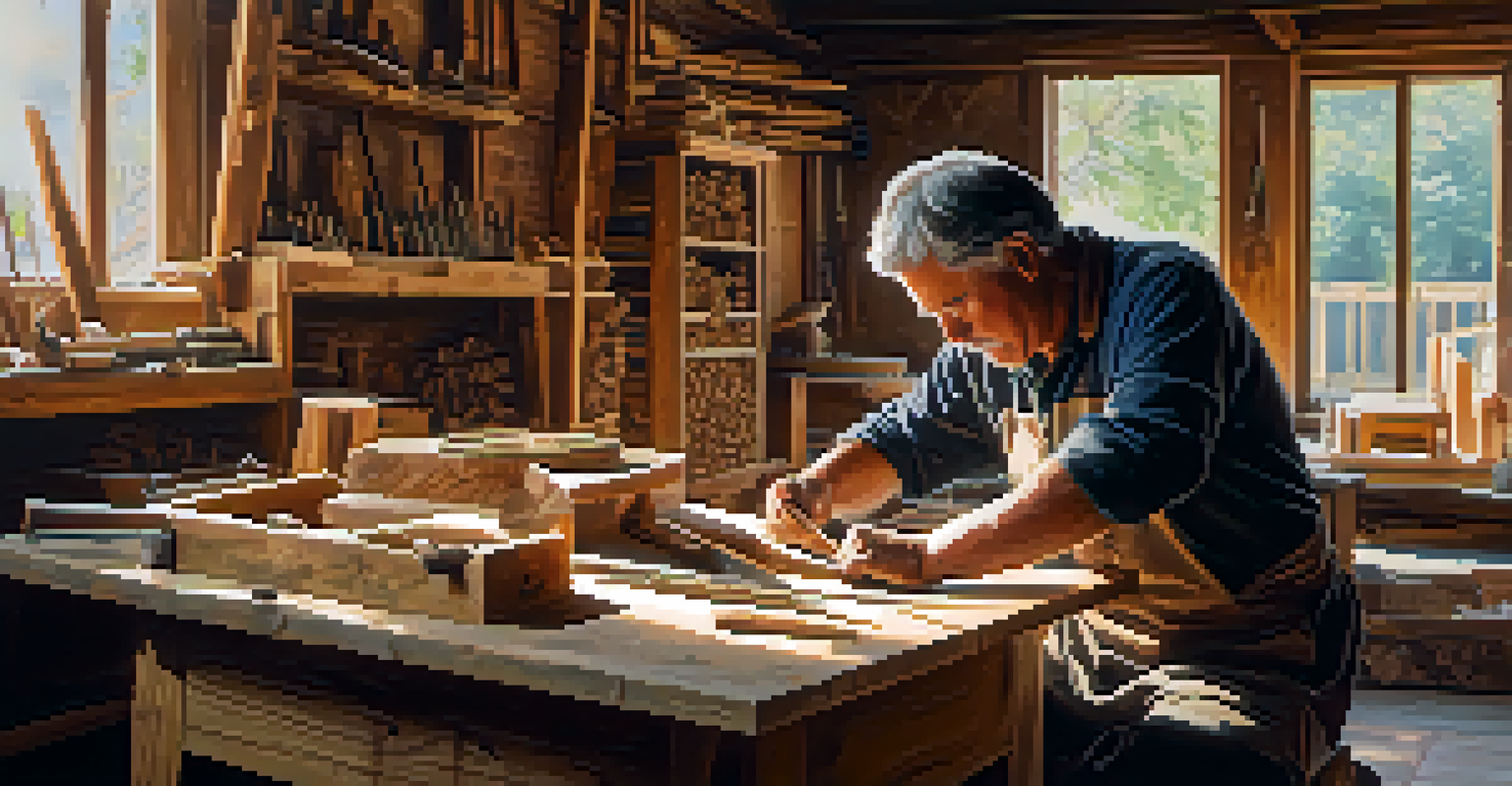 An artisan carving wood in a workshop, surrounded by wooden furniture pieces and warm light.