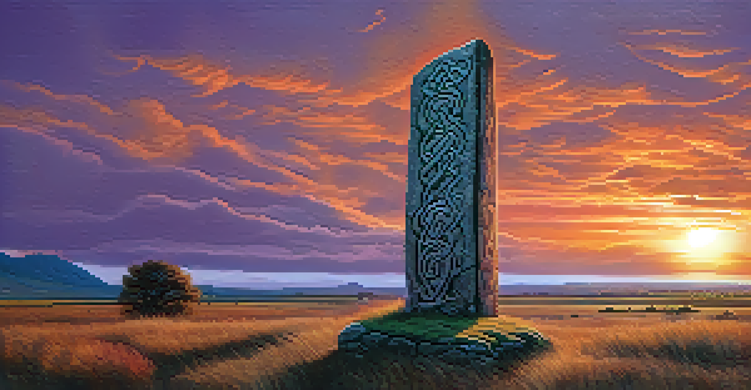 A standing stone with Celtic carvings against a sunset sky, showcasing the beauty of ancient artistry.