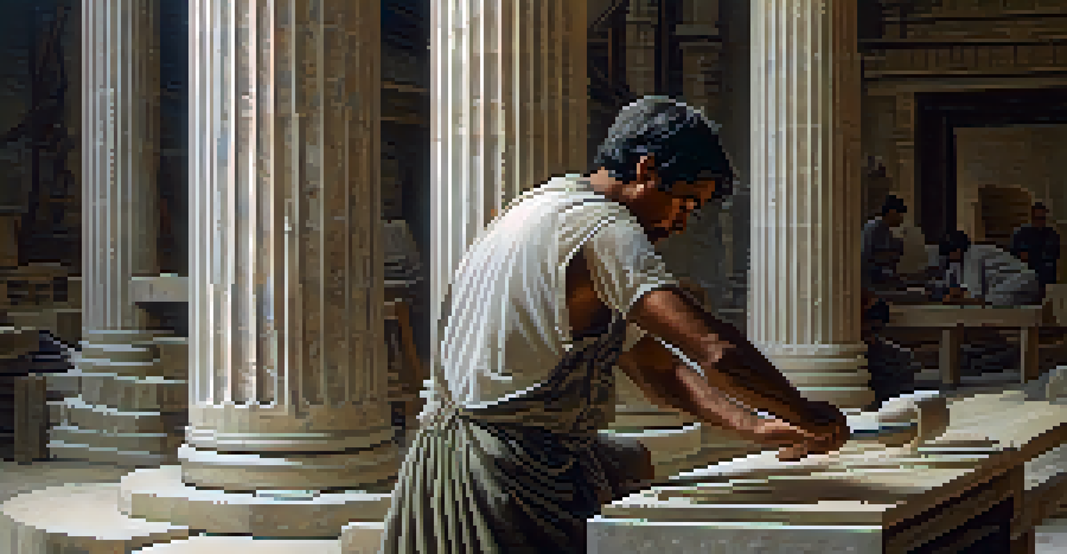 A skilled artisan carving a marble column in a workshop filled with stone dust and partially completed columns in the background.