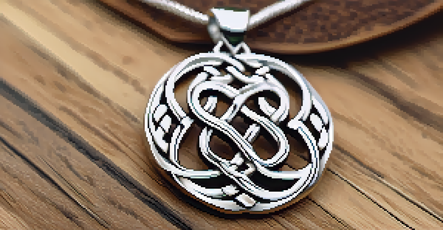 A polished silver Celtic knot pendant lying on a wooden surface, with natural elements in the background, softly illuminated.