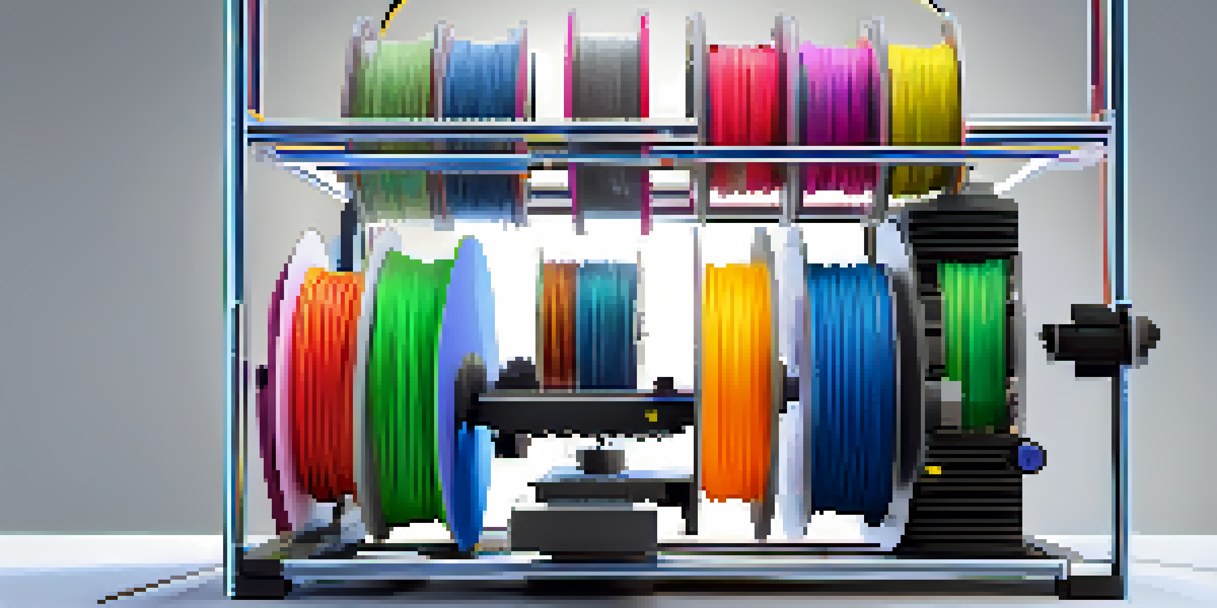 A 3D printer actively creating a geometric structure, with colorful filament spools nearby, showcasing layers being added in a well-lit studio environment.