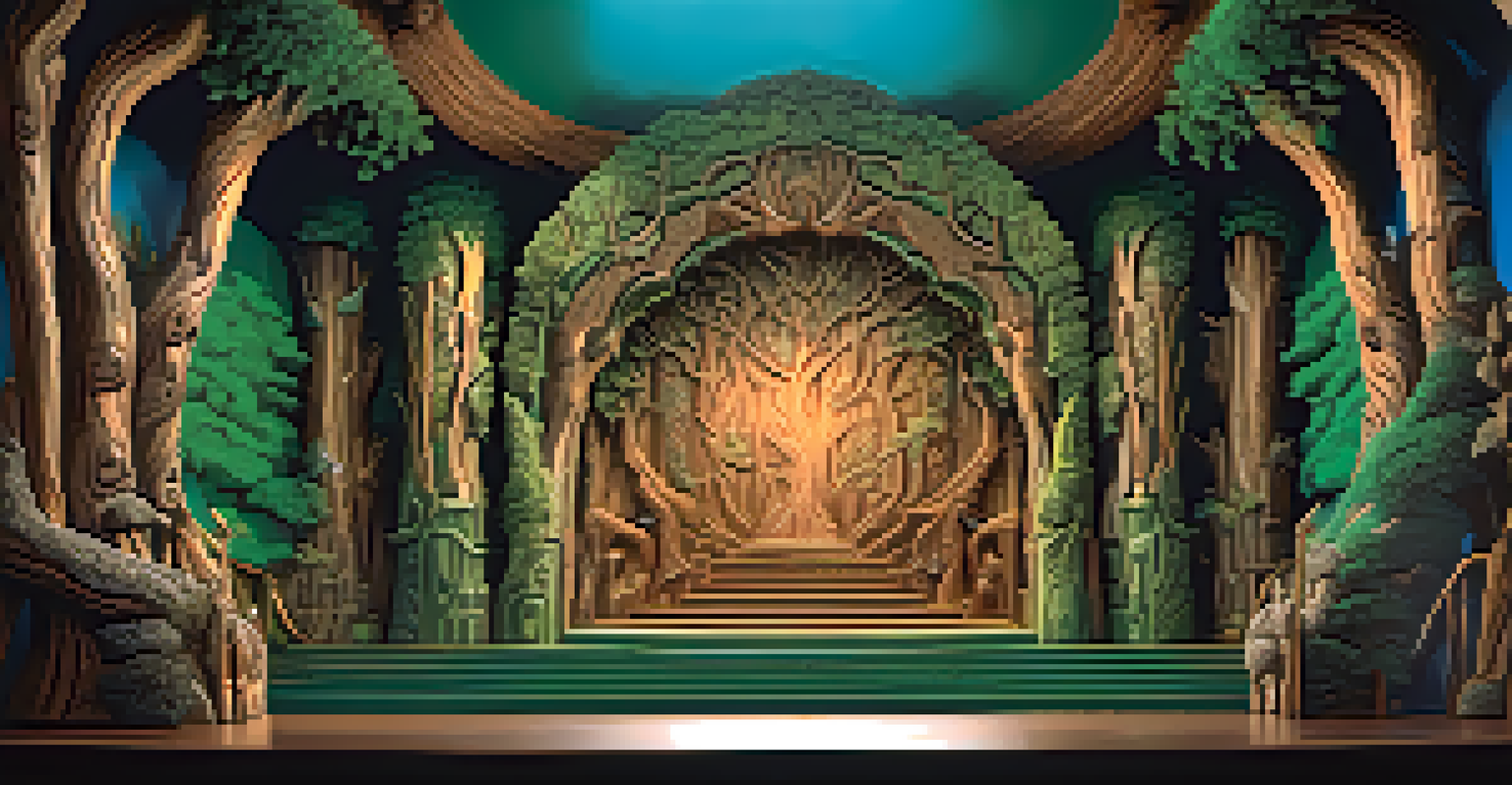 A modern theater set with elaborately carved trees and mythical creatures, illuminated by dramatic lighting in a fantasy setting.