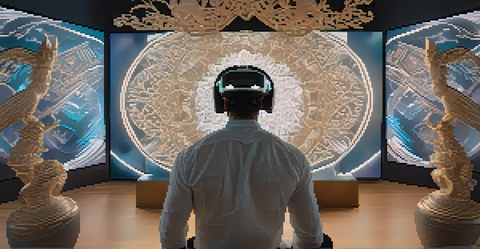 A person using virtual reality goggles to interact with a 3D carving simulation, with digital designs displayed in front.
