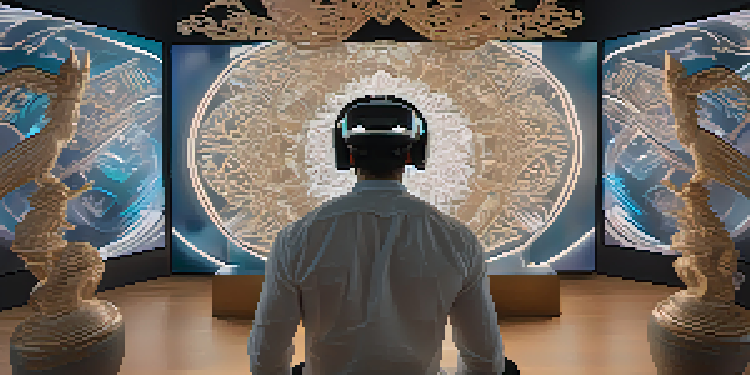 A person using virtual reality goggles to interact with a 3D carving simulation, with digital designs displayed in front.