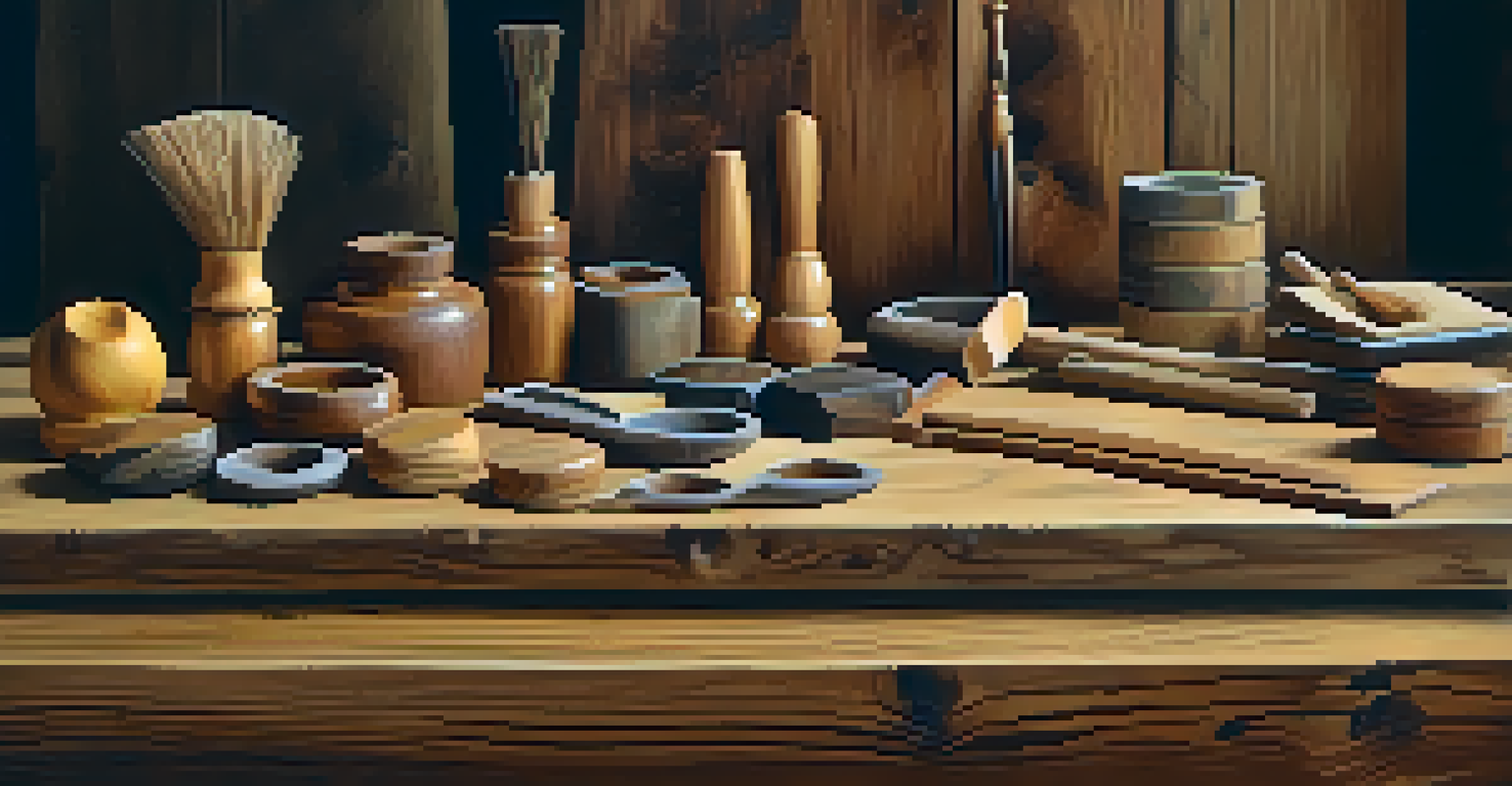 A variety of wood types displayed on a table with carving tools, showcasing their unique textures.