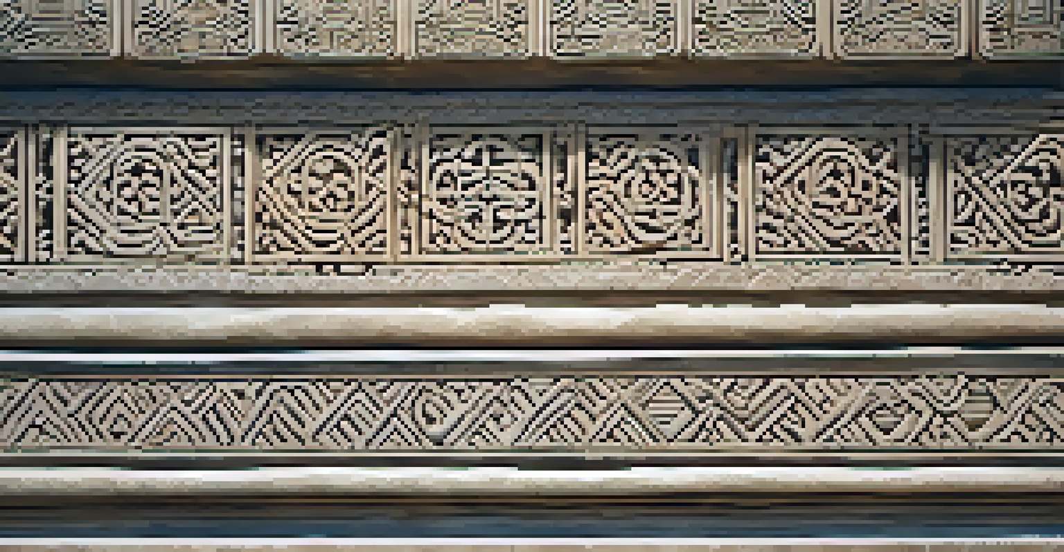 An intricate carved stone wall in an ancient temple, featuring detailed patterns and textures illuminated by soft natural light.