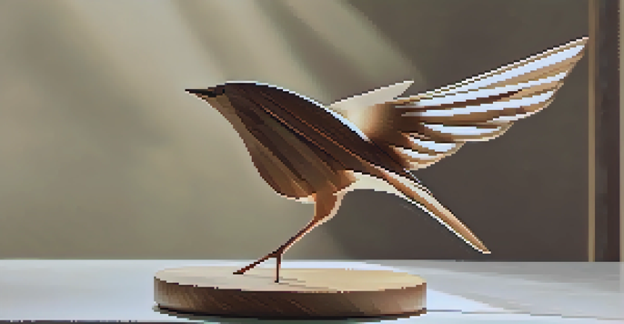 A wooden sculpture of a bird in flight with smooth lines and a minimalist design, illuminated by soft sunlight.