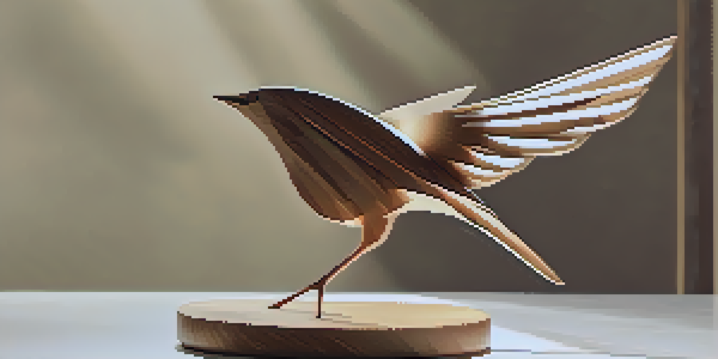 A wooden sculpture of a bird in flight with smooth lines and a minimalist design, illuminated by soft sunlight.