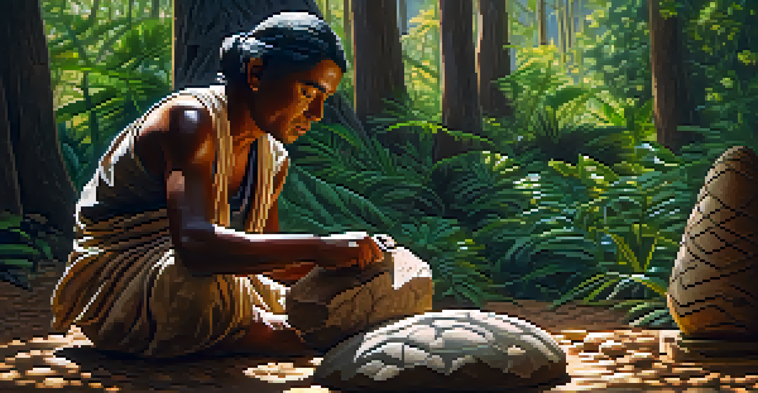 An indigenous artisan carving a stone sculpture in a forest, wearing traditional attire, with sunlight filtering through the trees.