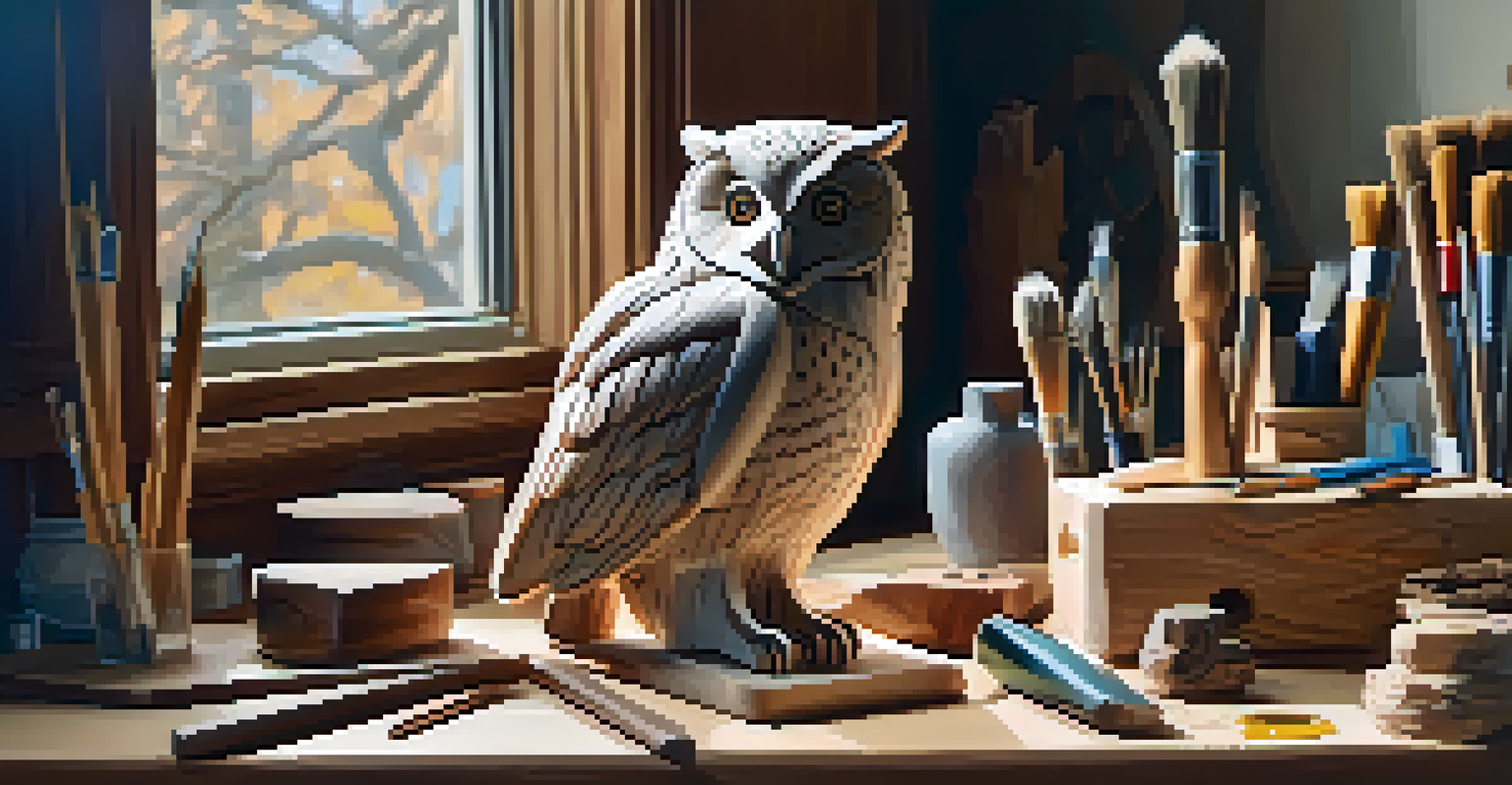 An artist's workspace with carving tools and a half-finished owl sculpture, showcasing wood textures and vibrant tool colors.