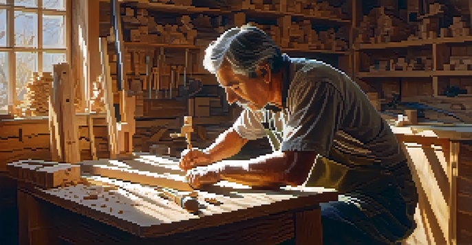 A woodcarver working on a detailed wooden sculpture in a bright workshop, with tools and wood shavings around.