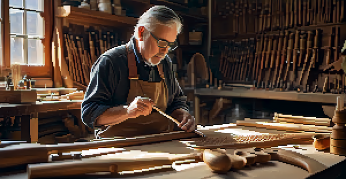 An artisan carving a wooden flute in a workshop, with various tools and sunlight illuminating the workspace.