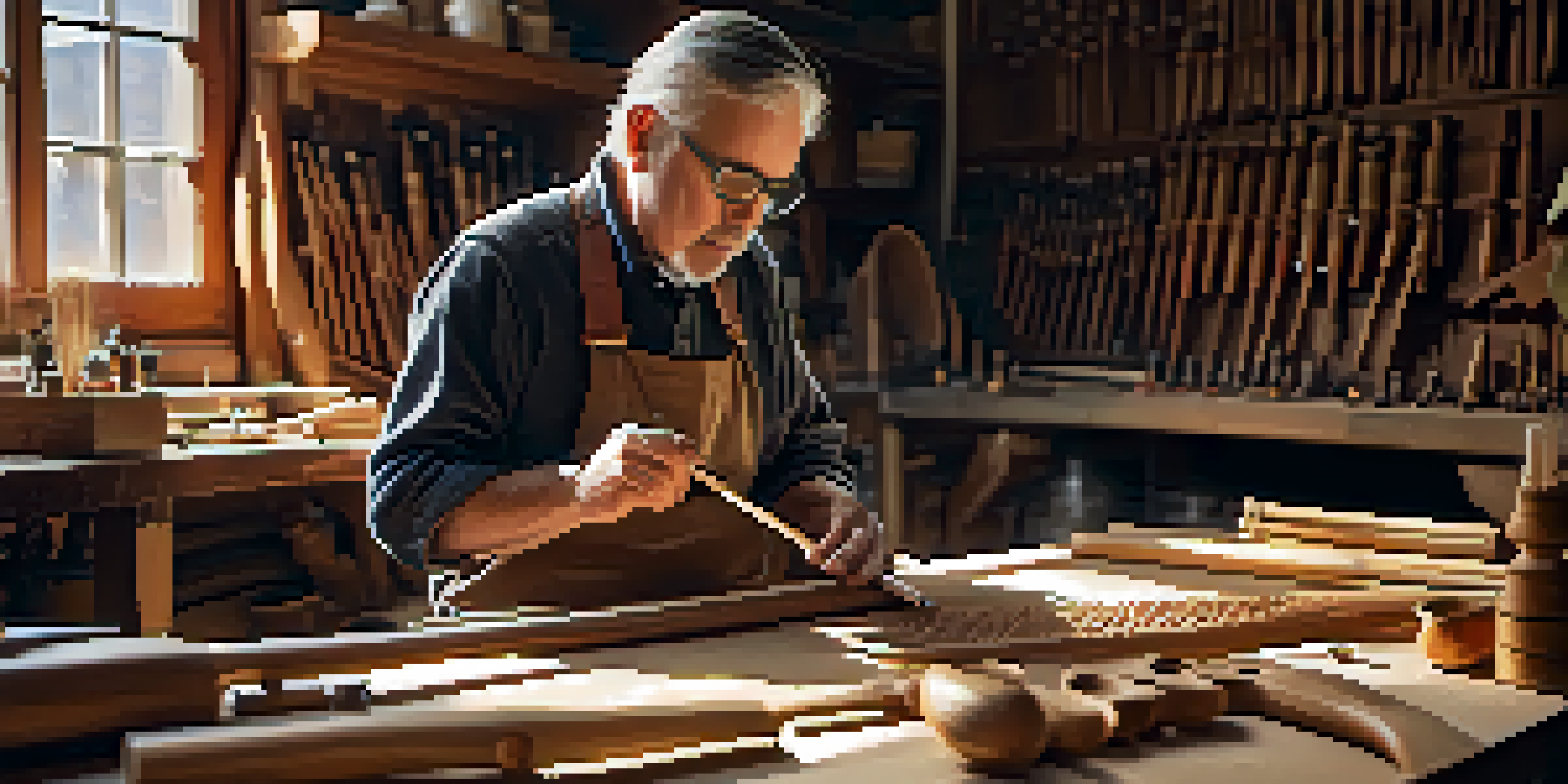 An artisan carving a wooden flute in a workshop, with various tools and sunlight illuminating the workspace.