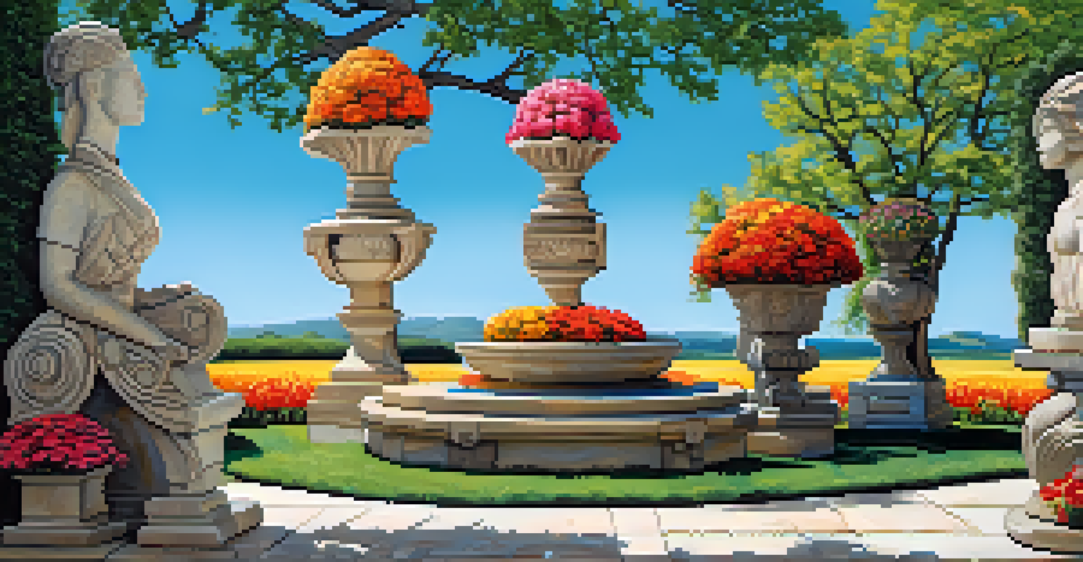 An outdoor sculpture garden with modern and traditional carvings surrounded by flowers and a blue sky.