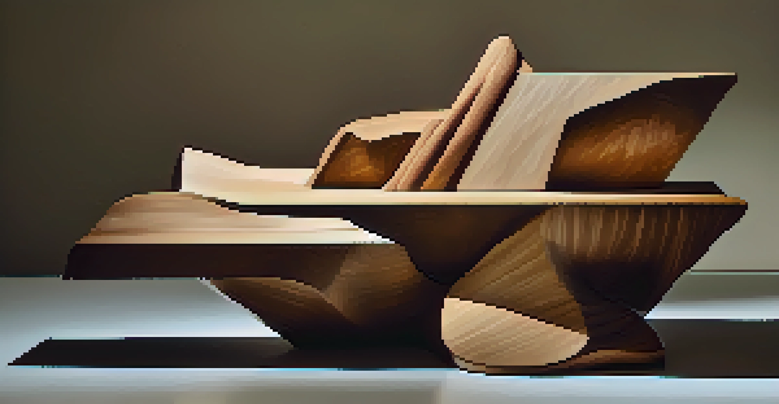 An abstract wooden sculpture with irregular shapes, placed on a stone pedestal.
