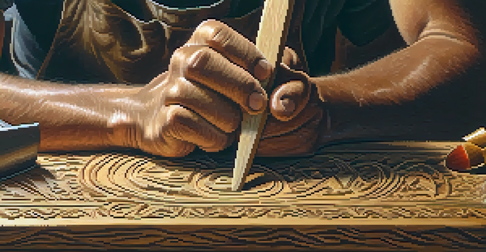 A skilled artisan's hands carving intricate patterns into wood, with tools and shavings in a rustic workshop.