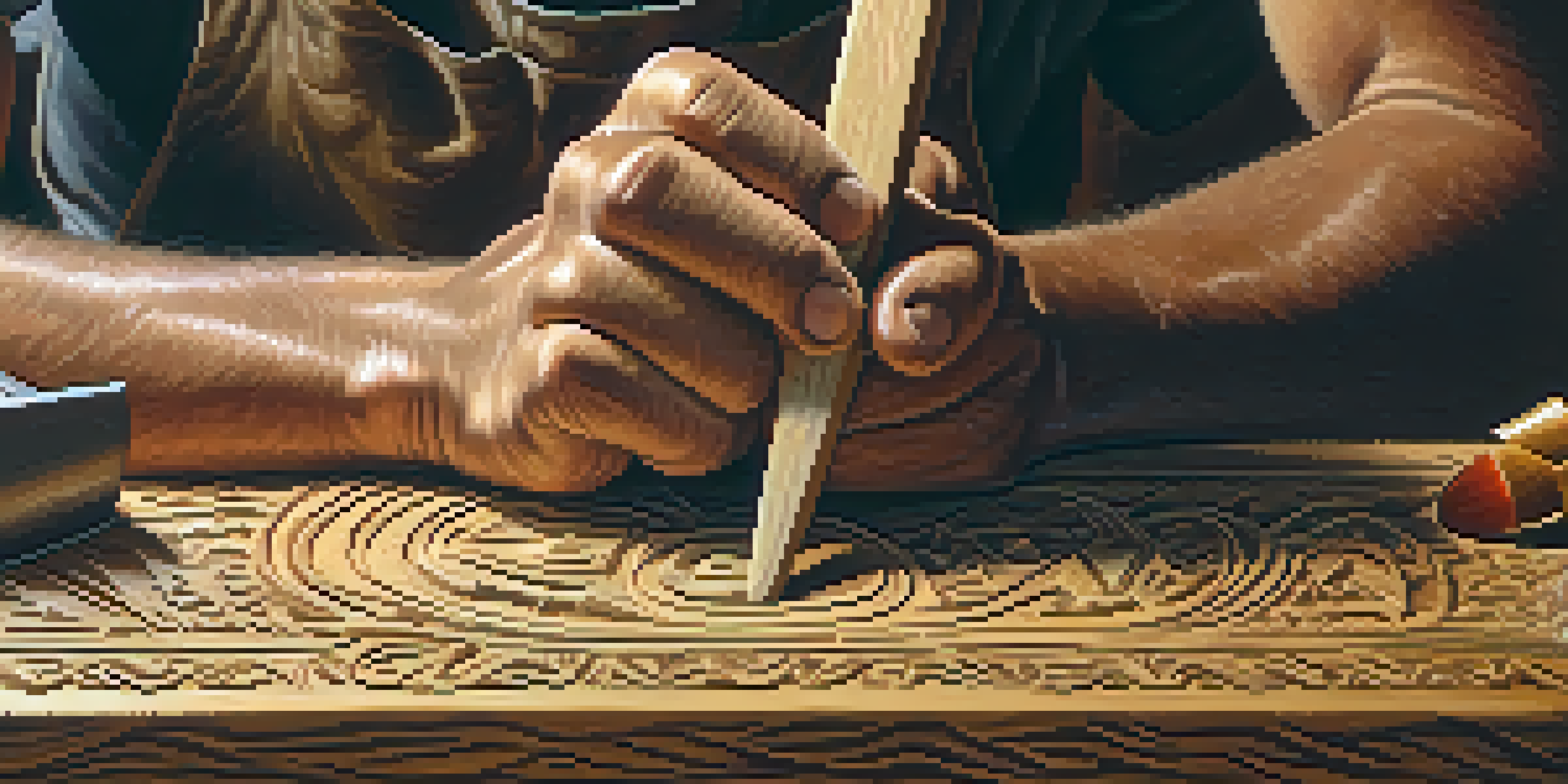 A skilled artisan's hands carving intricate patterns into wood, with tools and shavings in a rustic workshop.