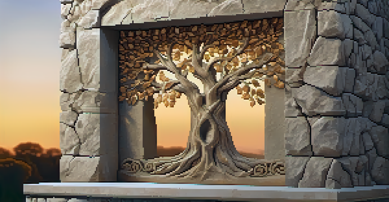 A stone carving of a family tree, with intricate details and a warm sunset lighting effect.