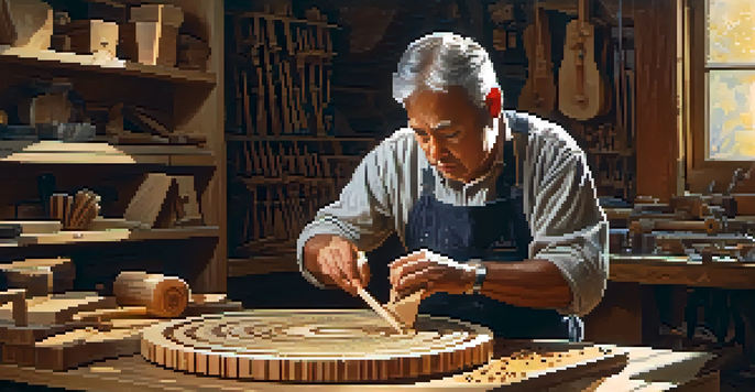 An artisan carving designs into wood in a bright workshop, surrounded by tools and wood shavings.