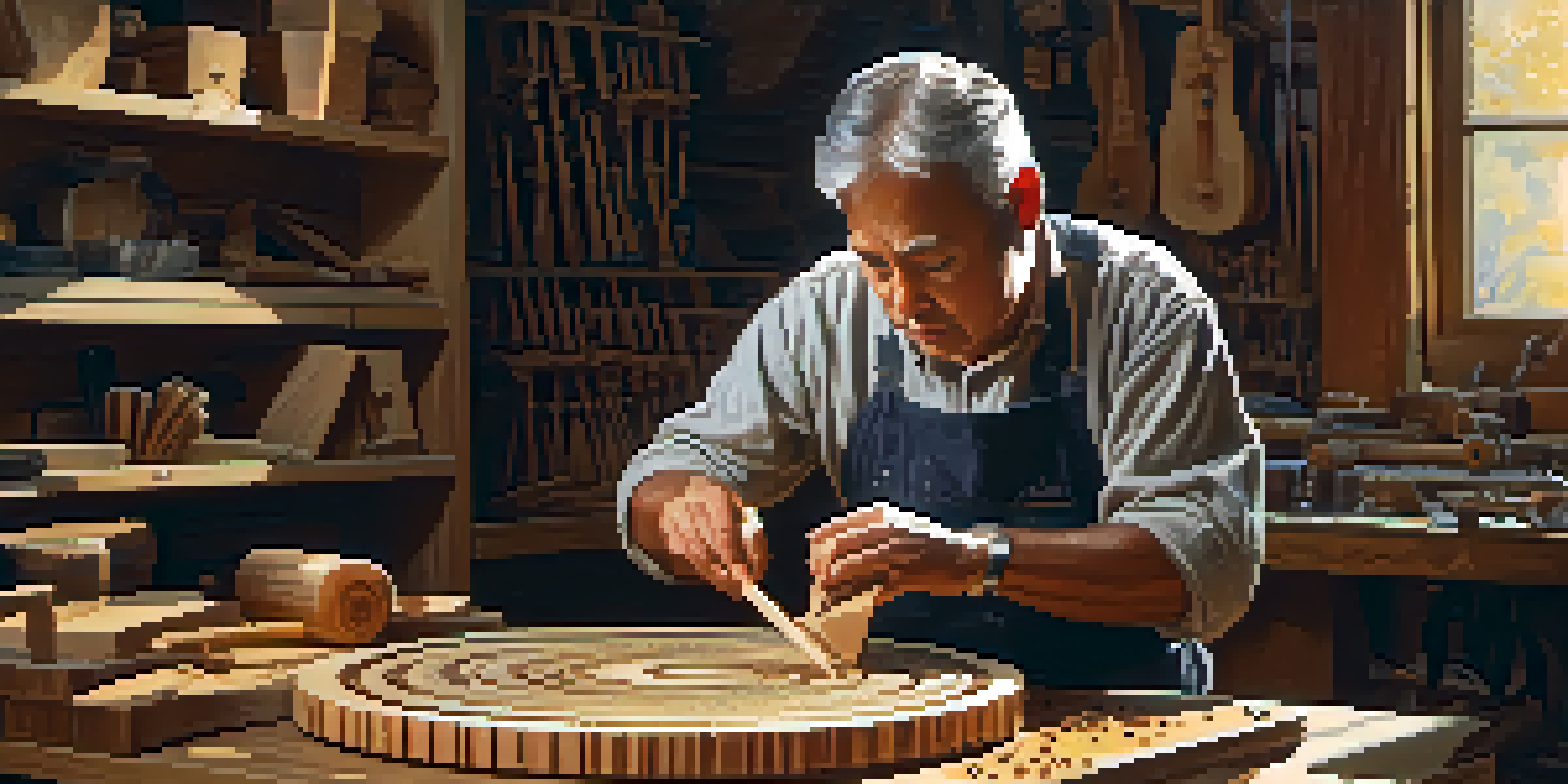 An artisan carving designs into wood in a bright workshop, surrounded by tools and wood shavings.