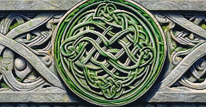 A close-up view of a Celtic carving on a stone monument, with intricate knot patterns and spirals illuminated by sunlight.