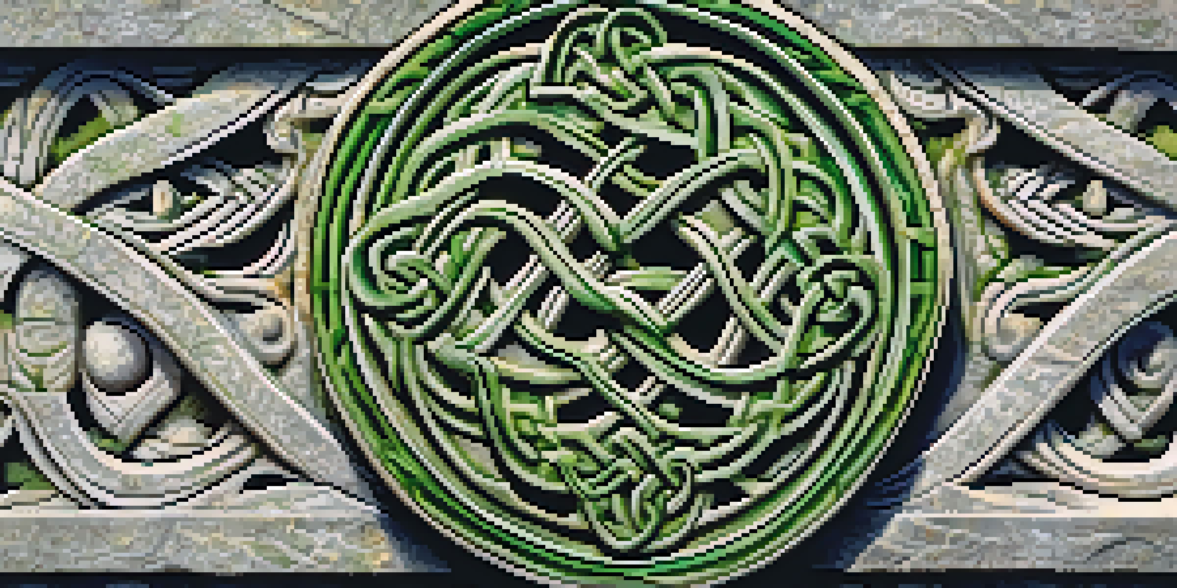 A close-up view of a Celtic carving on a stone monument, with intricate knot patterns and spirals illuminated by sunlight.