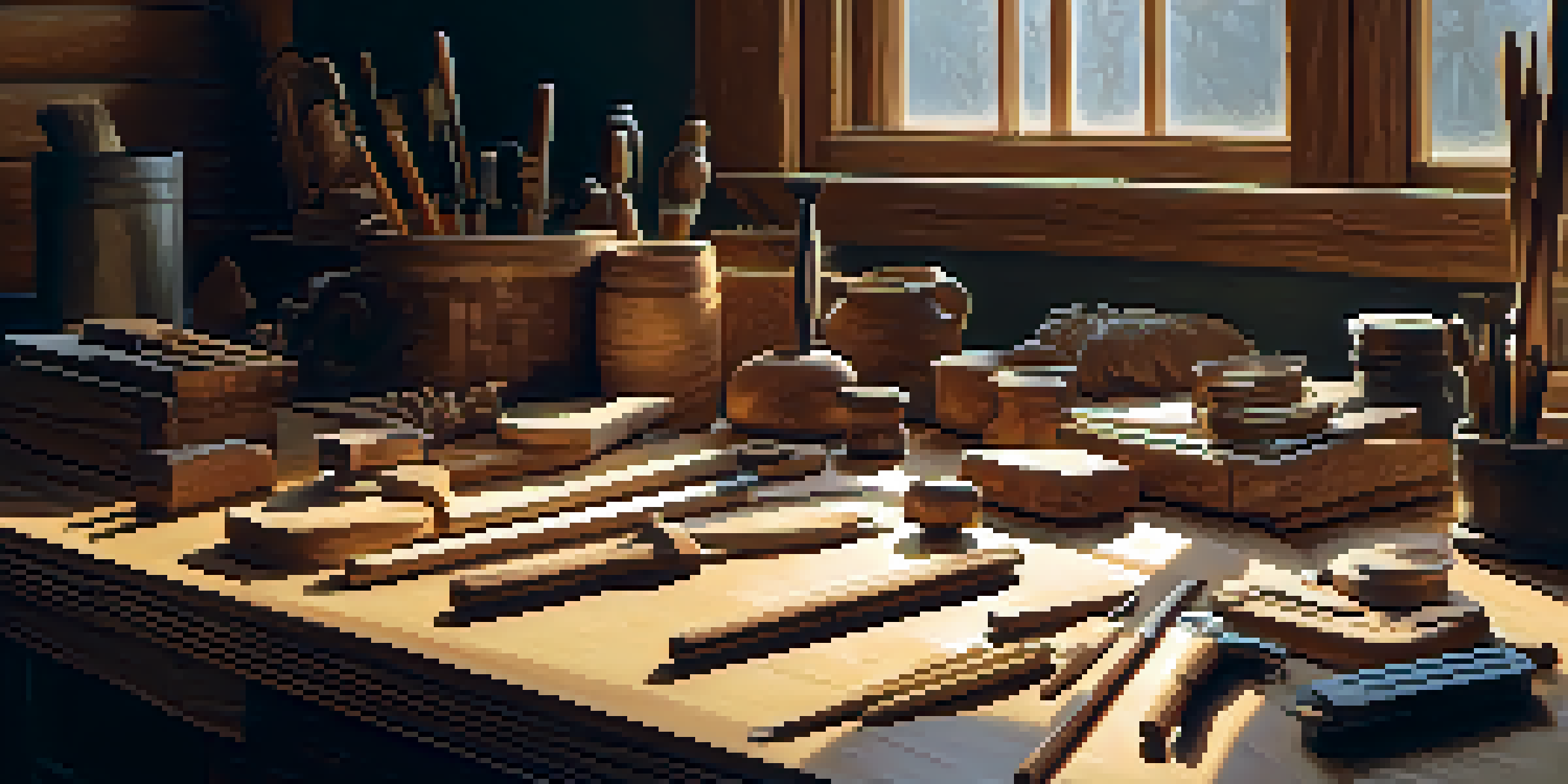A woodcarver's workspace with a wooden carving on a proportional grid, illuminated by natural light, surrounded by tools.