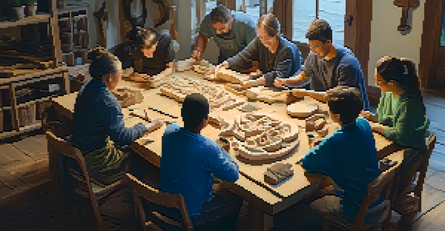 A group of diverse participants engaged in a collaborative carving therapy session, sharing ideas and working on various materials.