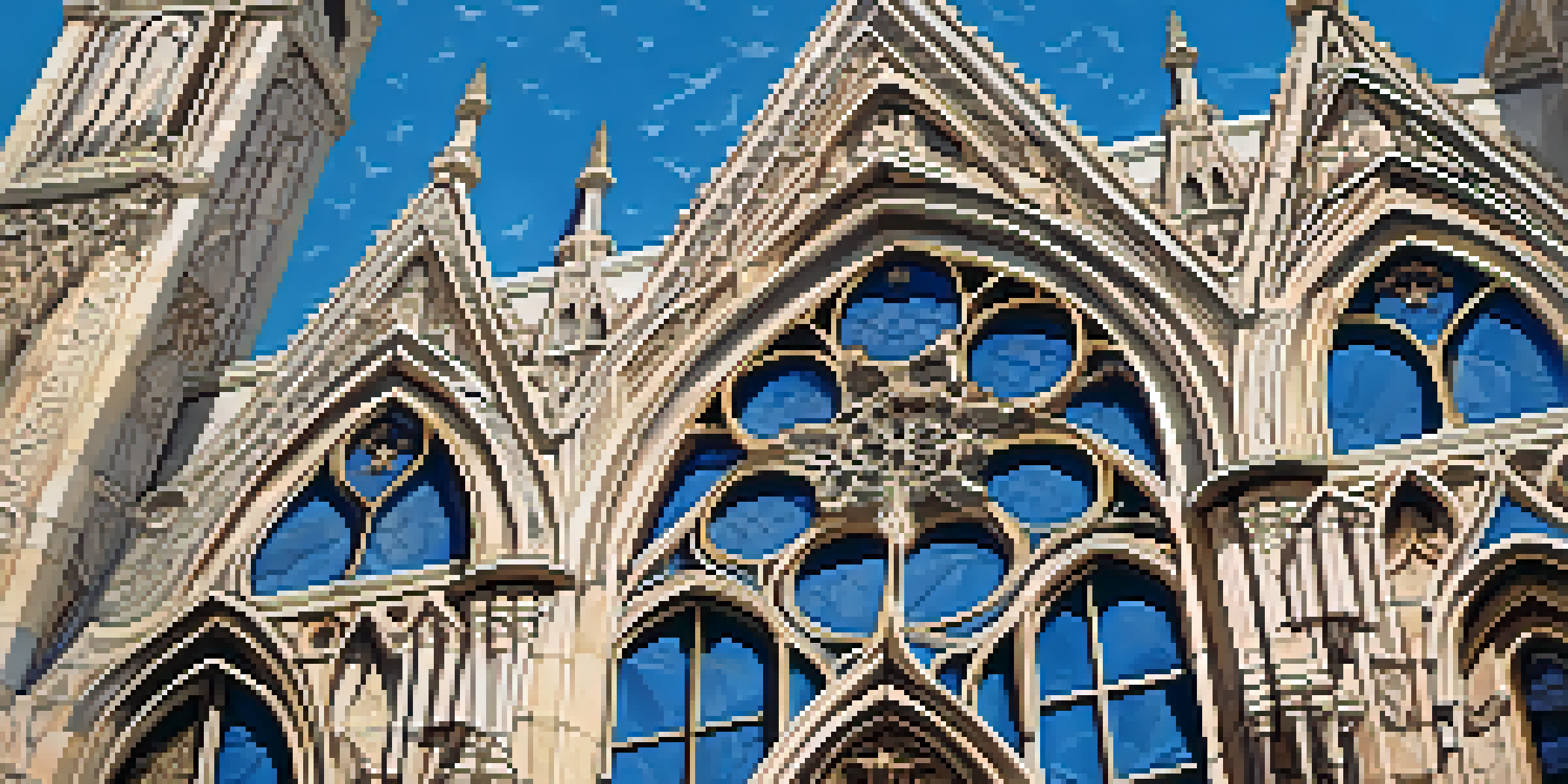 Close-up of detailed stone carvings on a Gothic cathedral, featuring biblical scenes and ornate patterns against a clear blue sky.