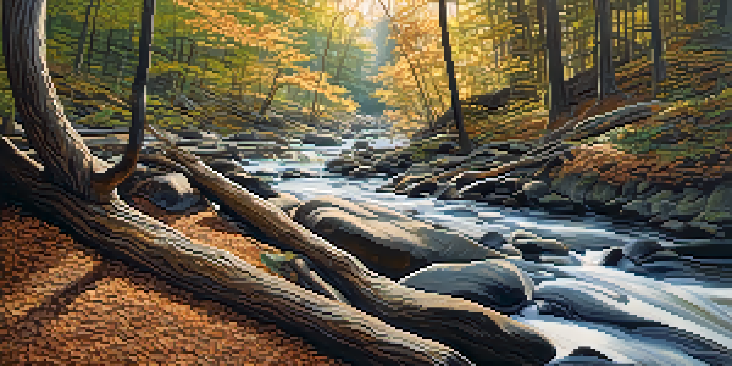 A peaceful forest scene with detailed carvings on tree bark and sunlight filtering through the leaves.