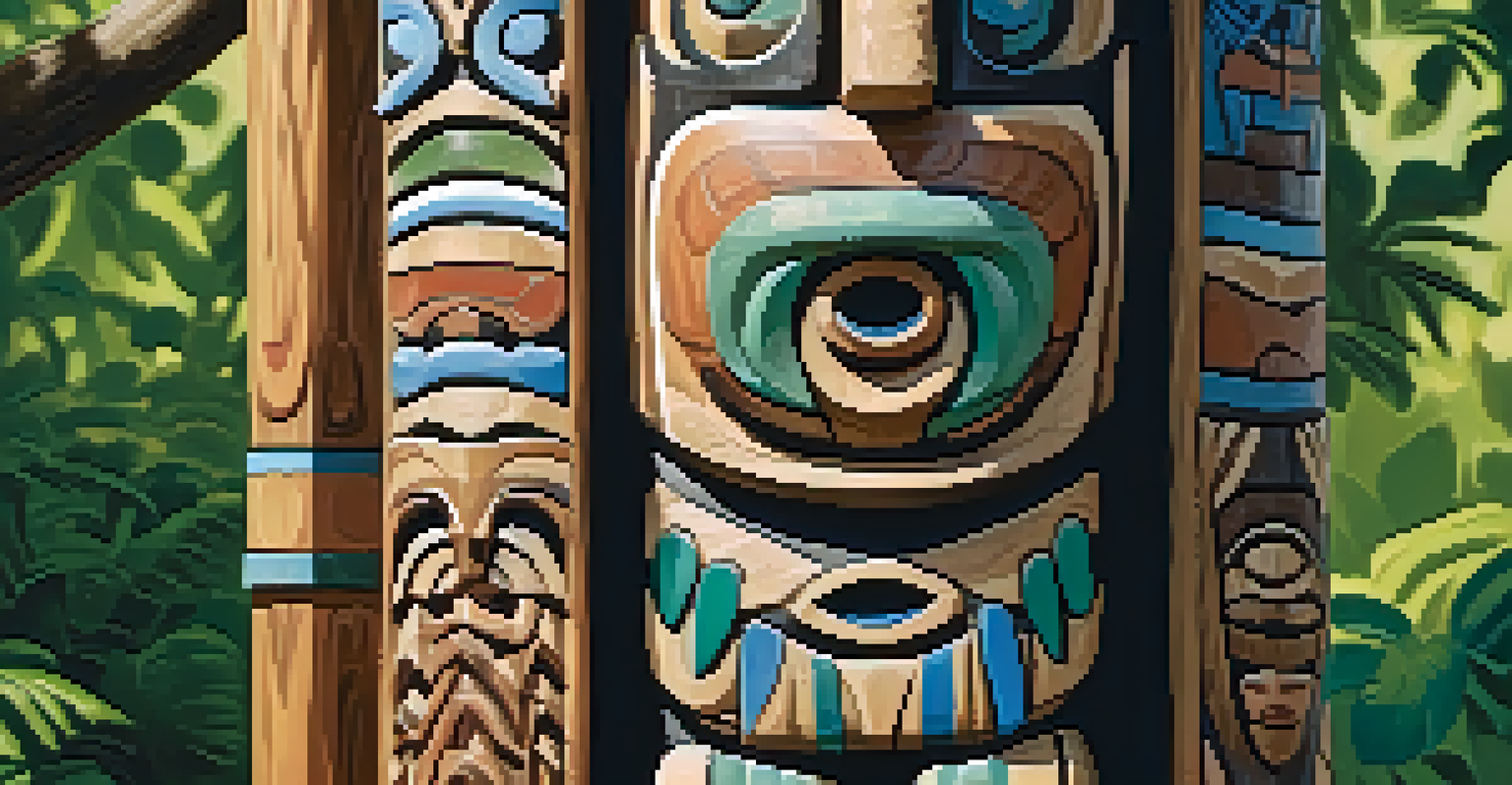 A close-up of a carved wooden totem pole featuring animal figures, set against a lush green backdrop with dappled sunlight.