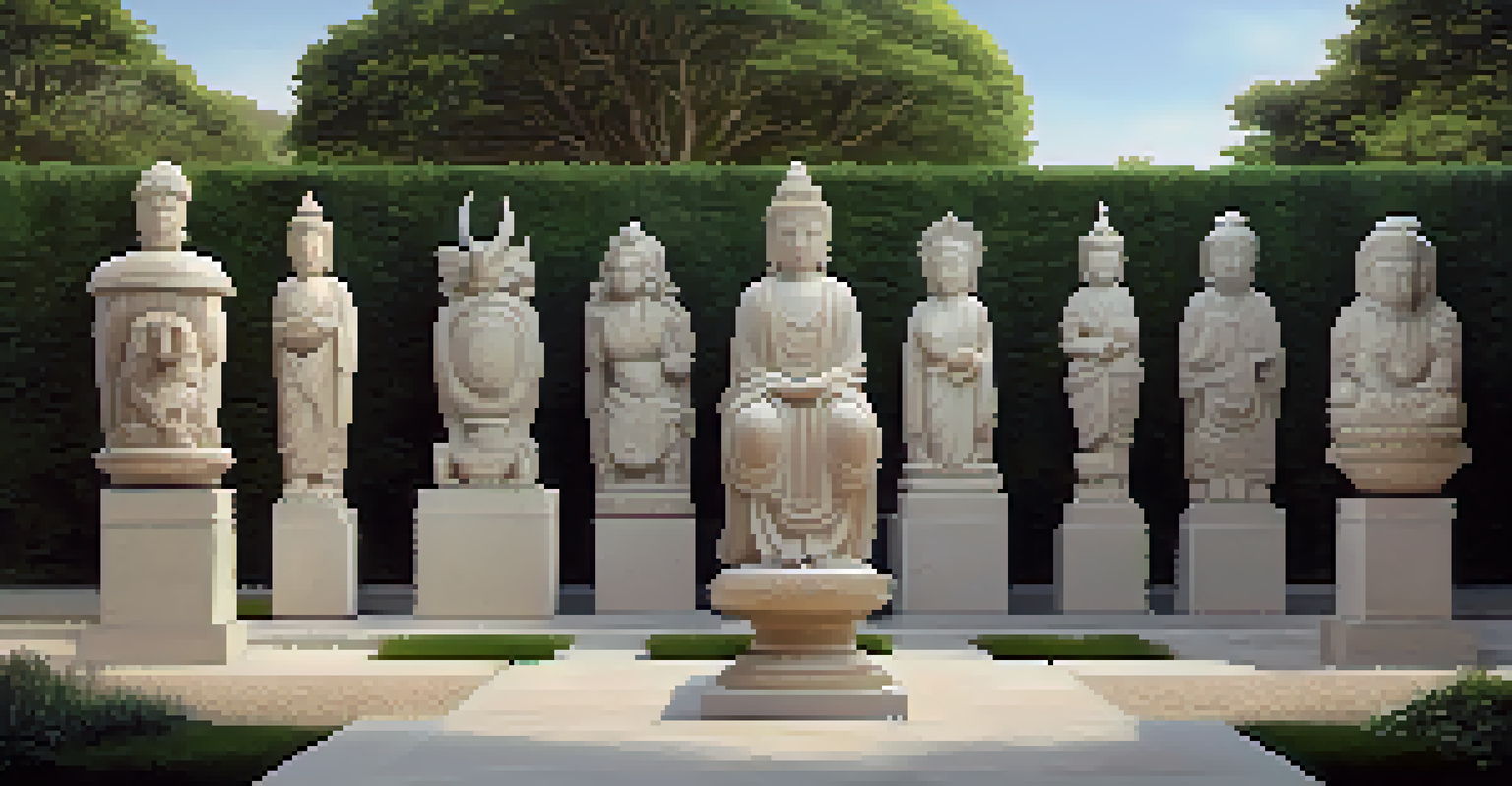 An outdoor gallery showcasing various beautifully carved stone sculptures surrounded by greenery.