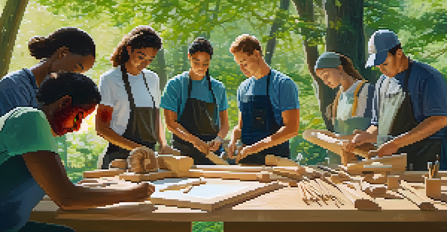 A lively outdoor wood carving class with students learning and an instructor demonstrating techniques under trees.