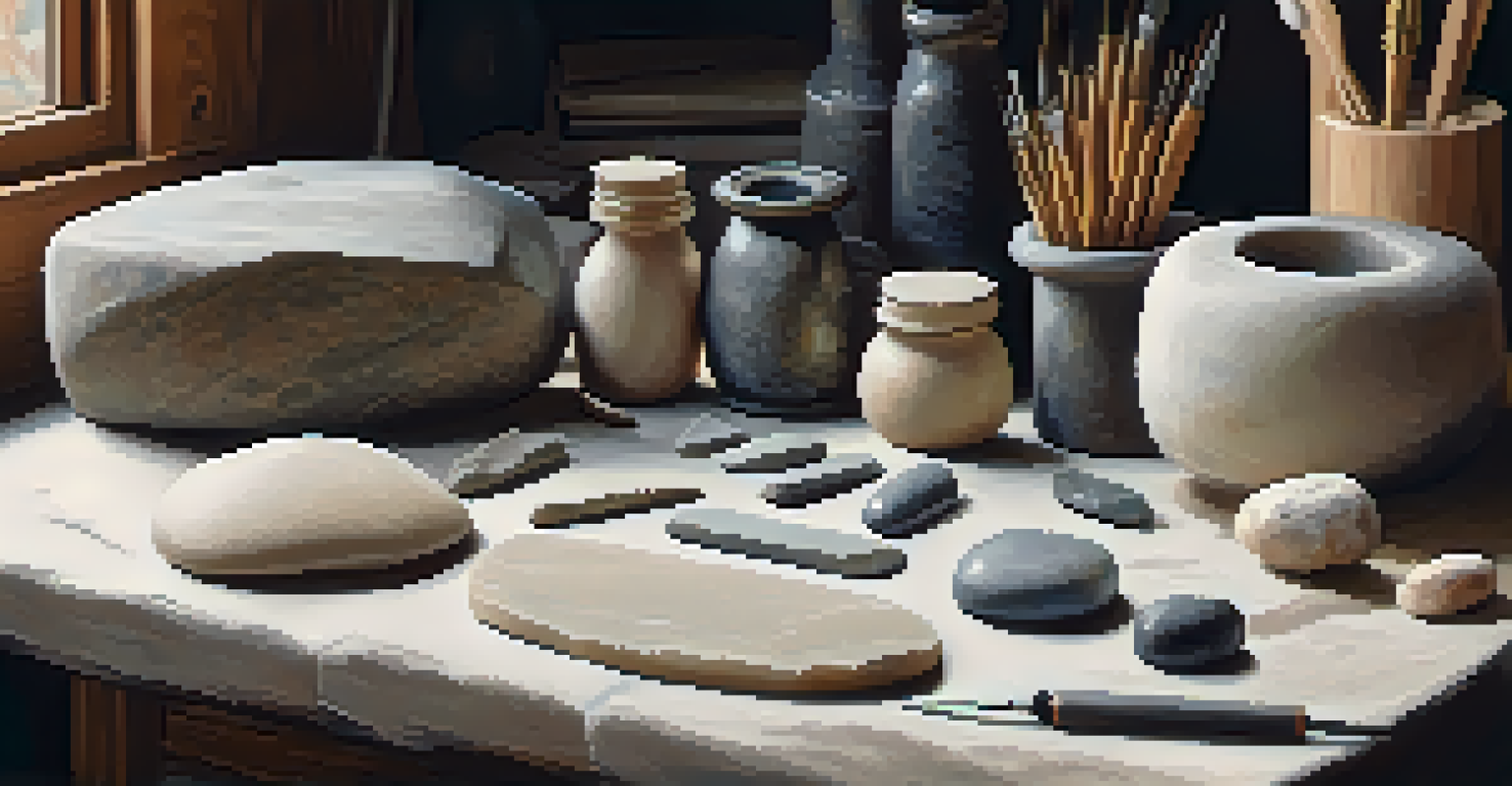 A workspace for stone carving with soft stones and tools, well-lit and displaying artistic sketches.