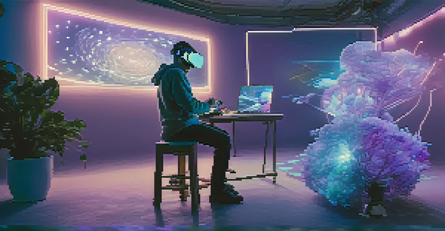 An artist sculpting in a virtual reality environment surrounded by holographic displays.
