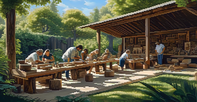 A group of diverse artists in an outdoor workshop, engaged in sustainable carving on reclaimed wood, surrounded by greenery and sunlight.