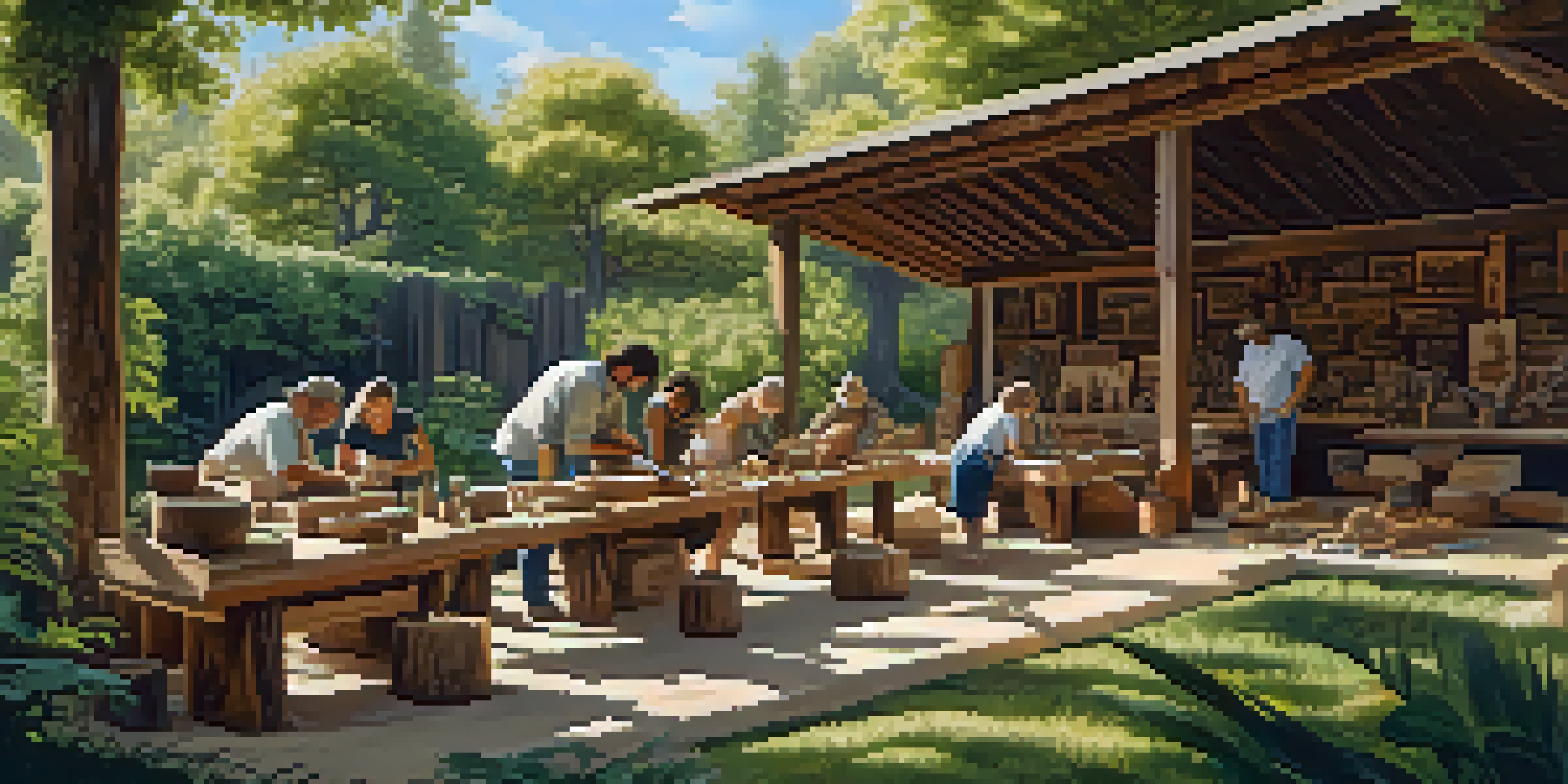 A group of diverse artists in an outdoor workshop, engaged in sustainable carving on reclaimed wood, surrounded by greenery and sunlight.