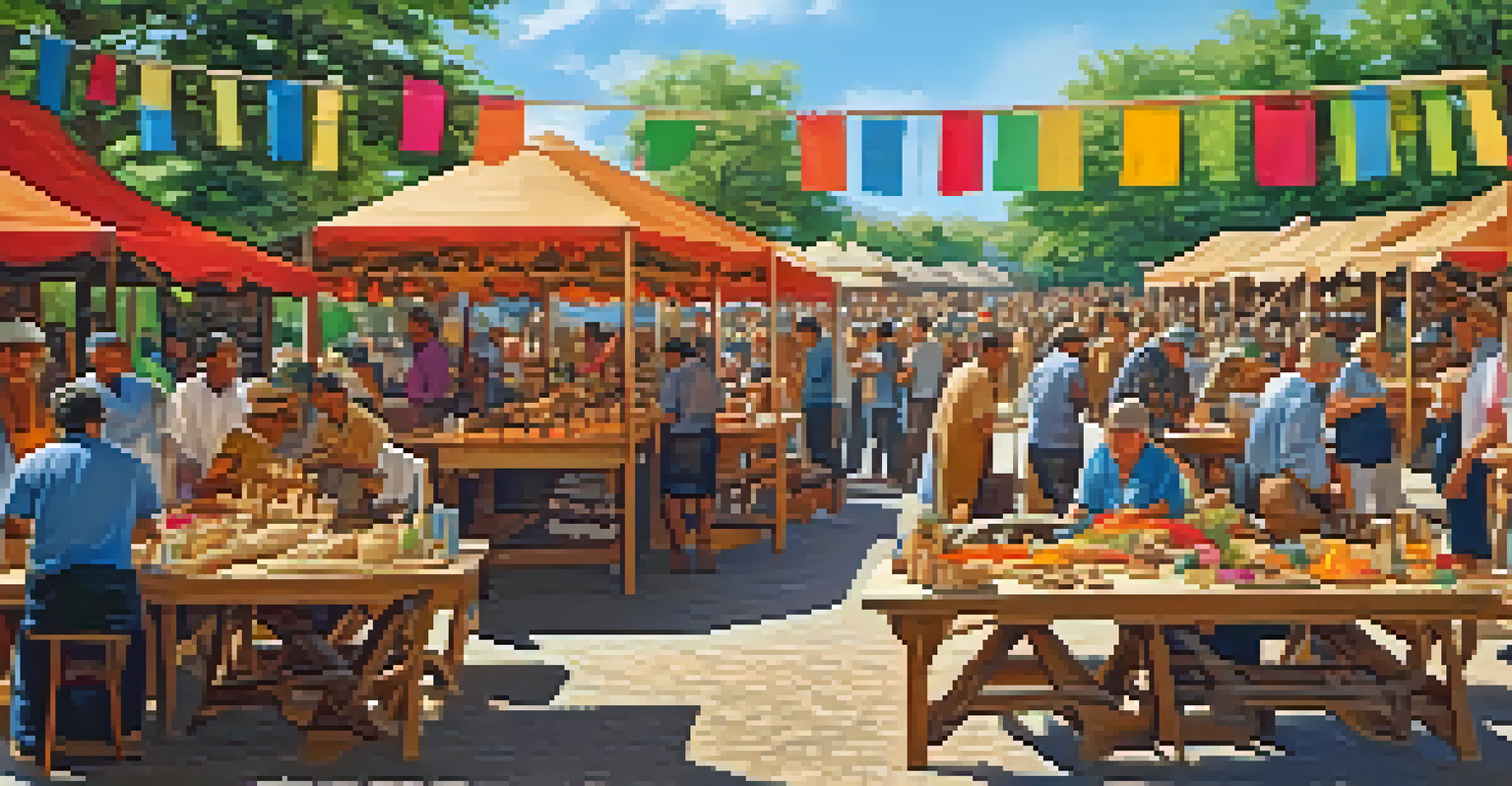An outdoor community event with tables displaying various carved wooden items, artisans interacting with visitors, and colorful decorations in a sunlit setting.