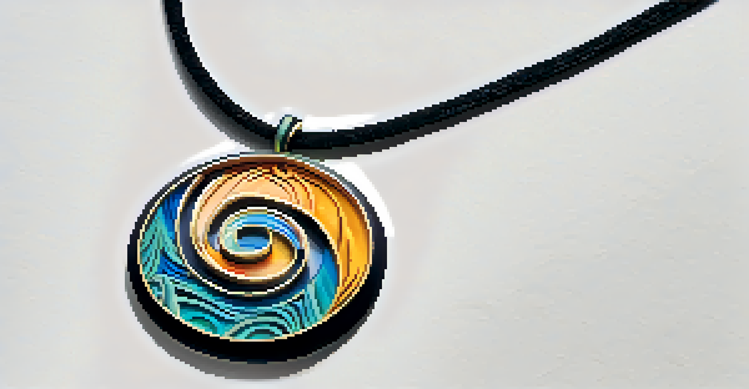 Vibrant resin pendant with swirling patterns displayed against a bright background.