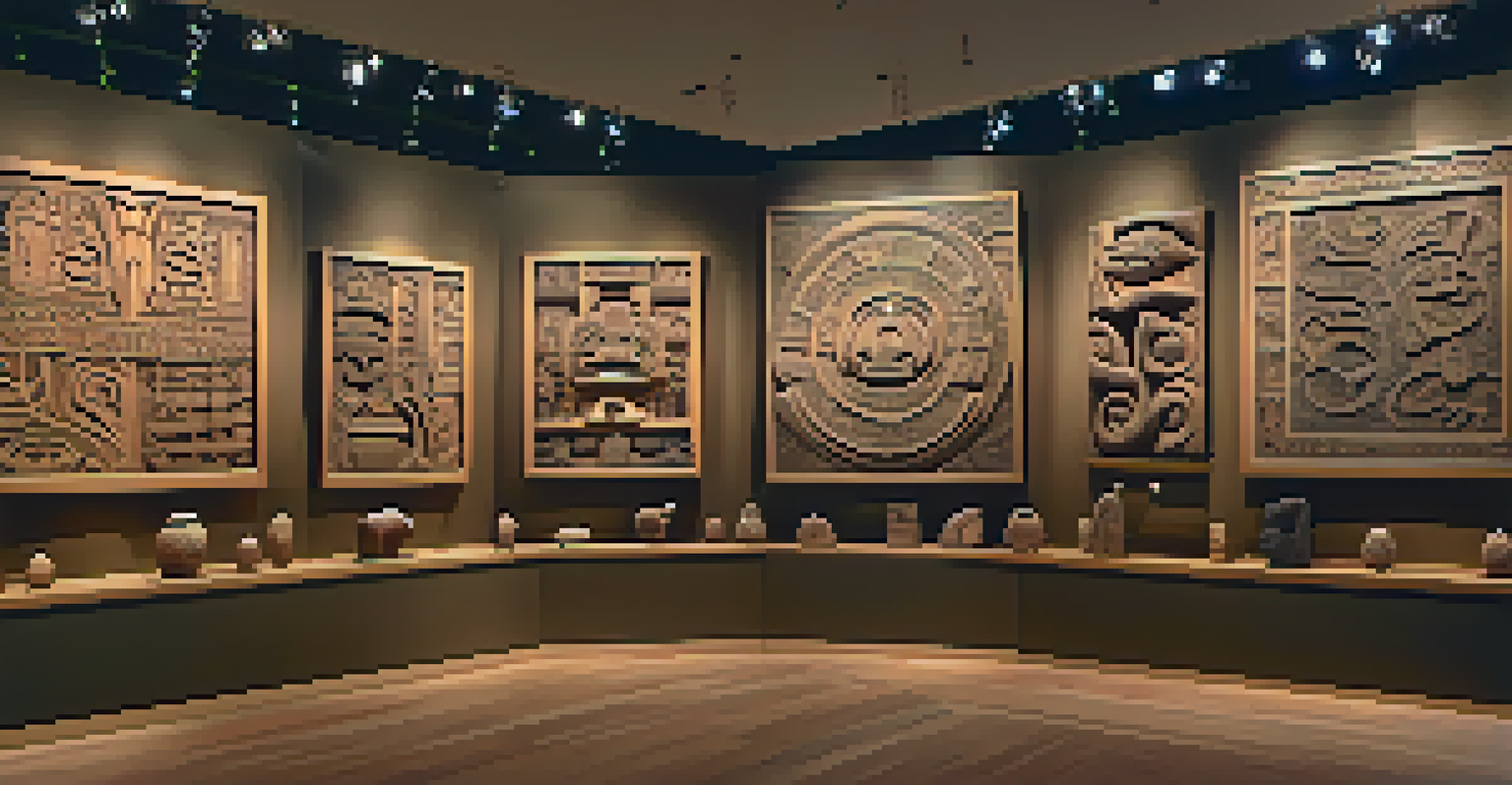An exhibition display of Maori wood carvings, with soft lighting and traditional patterns in the background.